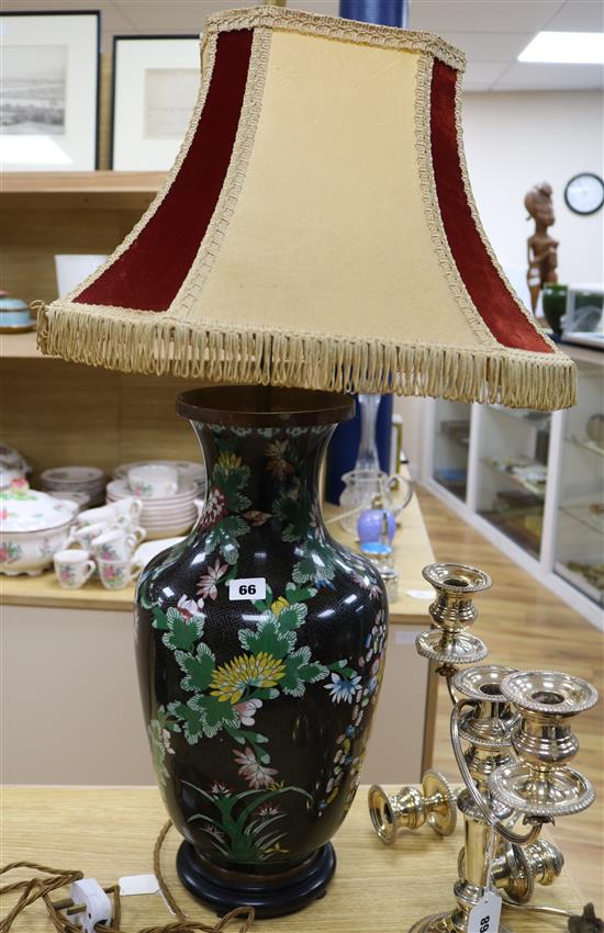 A Japanese cloisonne black ground vase, decorated with colourful prunus blossom, fitted as a table lamp height 51cm